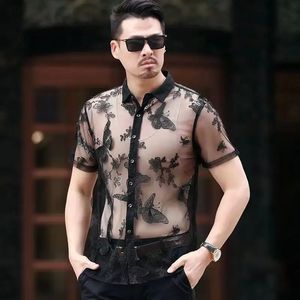 Design d'été hommes creux de chemise décontractée trransparent sexy mâle tshirt noir à manches courtes club de club tops 240518