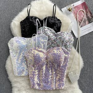 Sens de design d'été cristal paillettes courte licou court perles sexy camisole décorée pour femmes