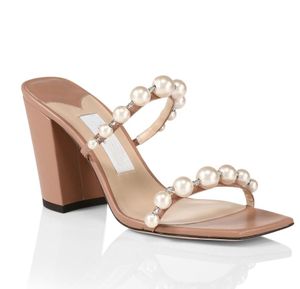 Marcas de diseñador de verano Amara Sandalias Zapatos Mujer Mulas de cuero con adornos de perlas de imitación Vestido de dama Fiesta Tacones altos Comodidad para caminar EU35-43.Box