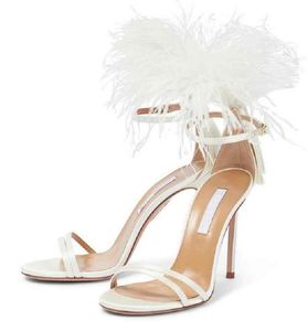 Zomerontwerper Brands Concerto Sandalen schoenen Feather-getrimde vrouwen Walking Flats feest Wedding Lady Jurk Luxe Hoge hakken Box EU35-42