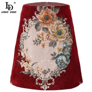 Summer Designer Elegant Red Mini Rok Dames Luxe Crystal Beaded Flower Print Vintage Jacquard Short 210522