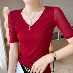 T-shirt d'été design à manches courtes pour femme avec col en V et chemise de base en soie de mûrier, grand L/5XL, avec couche intérieure et t-shirt en soie pour vêtements pour femmes, polyvalent