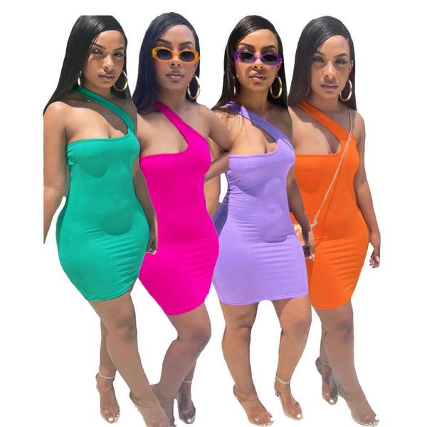 Diseñadores de verano Mujeres Sexy Vestidos delgados Mini falda Color sólido Irregular Sin mangas Crop Top Bodycon Vestido Fiesta Discoteca Tallas grandes