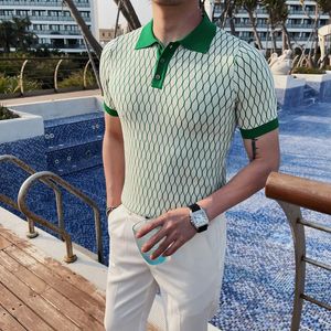 Été diamant Plaid tricoté Polo hommes glace soie à manches courtes coupe ajustée revers T-shirt Streetwear grande taille 4XL-M 240315