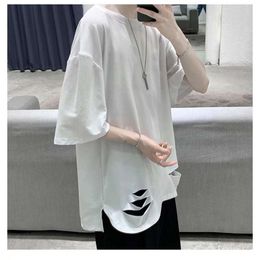 Zomer noodlijdend T-shirt voor heren, witte bedelaar binnenlaag korte mouwen trendy hiphop knappe trend veelzijdige casual top