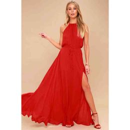 Zomerjurk 2021 Halter Chiffon Long Bodycon Jurk Vrouwen Backless Maxi Party Jurken Vestidos Sexy Split Beach Dress G220510