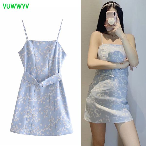 Robe d'été bleu imprimé fleuri lin court es femmes Sexy à bretelles dos nu Mini femme Vintage ceinture avec boucle 210430