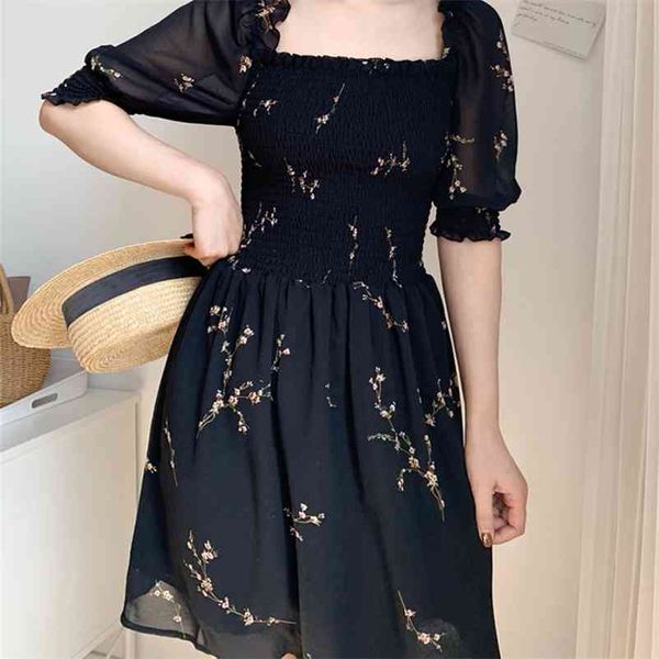 Robe d'été bohème vintage flroal noir mini kawaii boho mousseline de soie plage coréenne manches courtes décontracté 210521