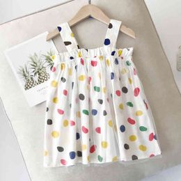 Zomerjurk kinderen mouwloze multicolor dot printen prinses schattige sling mesh stiksels kinderen kleding meisjes 210515