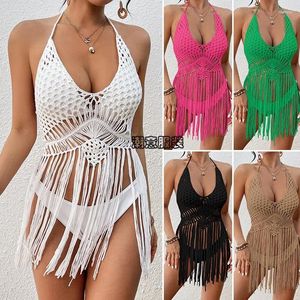 Zomerjurk voor vrouwen 2024 Beach Exit Trend Sexy Crochet Braid met uitgeholde randbikini Korte top Solid Acryl