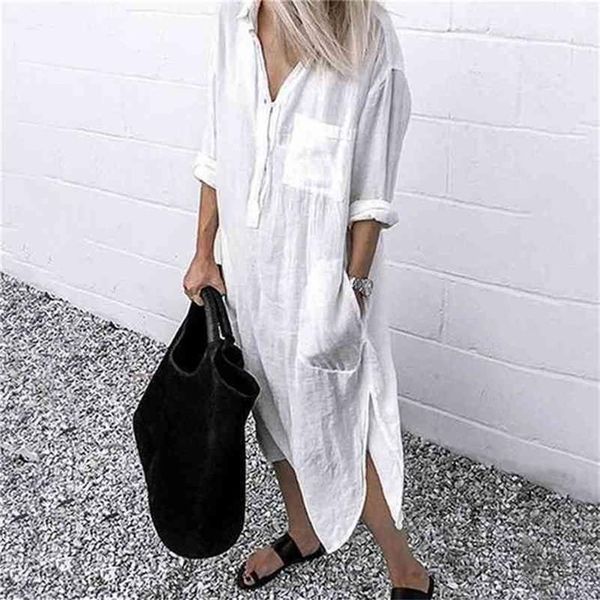 Robe d'été pour femmes lin Maxi chemise robes dames élégant décontracté robes femme tunique grande taille 5XL robe longue blanc 210715273R