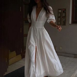Zomerjurk Franse puff mouw knop chic lang voor vrouwen feest strapless high split casual witte jurken 240418