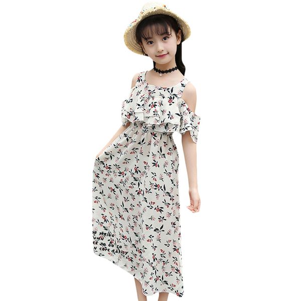 Robe d'été fille plage hors épaule enfant robe longue florale enfants robe adolescentes vêtements pour enfants 4 6 8 10 12 13 ans 210303