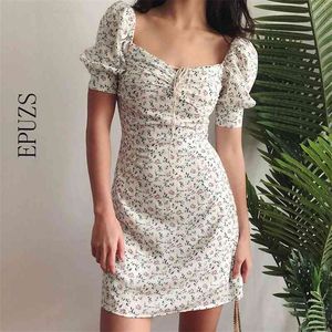 Robe d'été rétro Boho femmes cravate cou imprimé fleuri Mini Sexy blanc manches bouffantes coréen Vestidos 210521