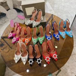 Zapatos de vestir de verano Sandalias de tacón alto Zapatos de arco de tirachinas en punta de satén Tacones altos de girasol de cristal 10 cm Zapatos de boda de fiesta de diseñador de lujo para mujer 35-41