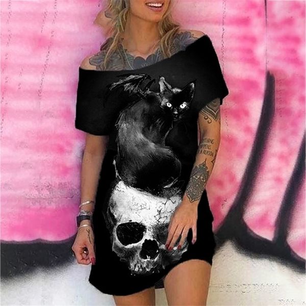 Vestido de verano Estampado de calavera para mujeres manga corta gótica fuera del hombro tanque suelto sexy negro 220613