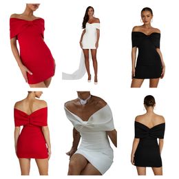 Zomerkleding Vestido de Mujer Womandress Graduation Off the Shoulder afgedekt korte mouw Backdess mini -jurk Ployester Bow Misses S XL feestjurken voor damesrok