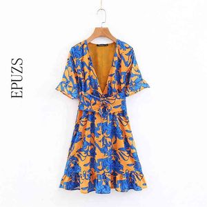 Robe d'été vintage à manches courtes mini plage ceintures élégantes floral coréen vestidos boho dames es 210521