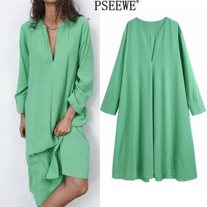 Robe d'été Femme Vert Robes Longues Femmes Casual Manches Volumineuses Midi Lâche Ourlet Asymétrique 210519