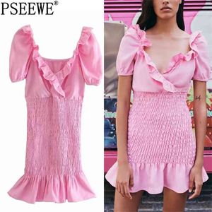 Robe d'été Femme Rose Rouble Strets ES Femmes Ruchées Manches Feuilles Mini Girl Slim Casual ES 210519