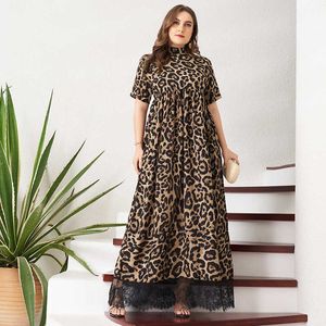 Robe d'été femmes élégant imprimé léopard dentelle ourlet Patchwork à manches courtes petit col montant A-ligne Vintage fête Maxi Robes 210719