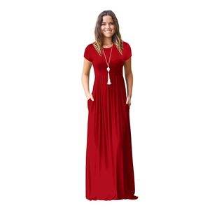 Zomerjurk Vrouwen Elegante Rode Solid Korte Mouw Plus Size Robe Pockets 8 Kleuren S-2XL Lange Maxi Es Vestidos LR8 210531