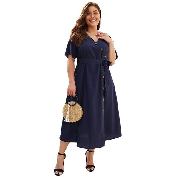 Robe d'été femmes mode élégant gros MM grande taille XL-4XL lâche col en v Bandage ceinture robes minces femme LR1283 210531