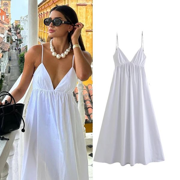 Robe d'été femmes mode élégant jarretelle dos nu vacances rue col en v robe jeunesse Chic taille élastique robe de soirée 240126