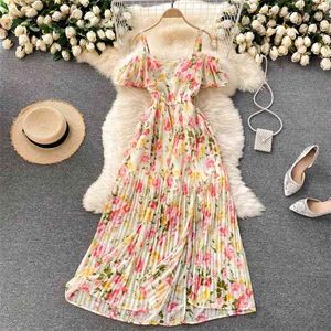 Zomerjurk Dames Floral Print Beach Holiday Long Spaghetti Strap Slanke Elastische Taille Bohemian Geplooide Chiffon Maxi 210603