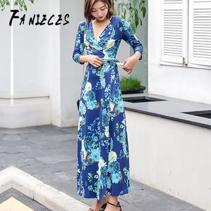 Zomerjurk Dames Floral Print Boho Beach Sundress Lange mouw Wrapped Maxi Party Es Vestidos de Festa Robe Femme 210520