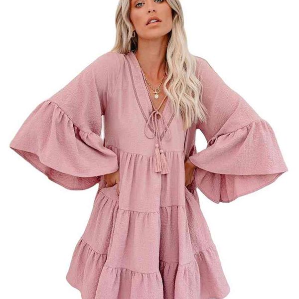 Robe d'été Femmes rose élégant Midi manche à volants Mini robe vintage robe Sweet V Neck Party Vêtements Vêtements Robe Femme Y2K Vestidos 210715