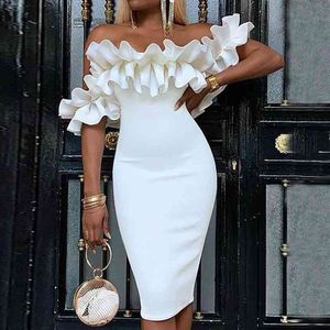 Zomerjurk Dames Sexy Bodycon Party New White Off The Shoulder Ruche Prom Avond Club 210422