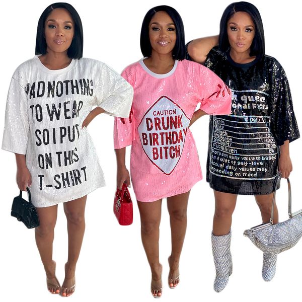 Robe d'été femmes Sexy col rond lettre imprimer gaze paillettes Patchwork chemise ample robe Streetwear paillettes t-shirt