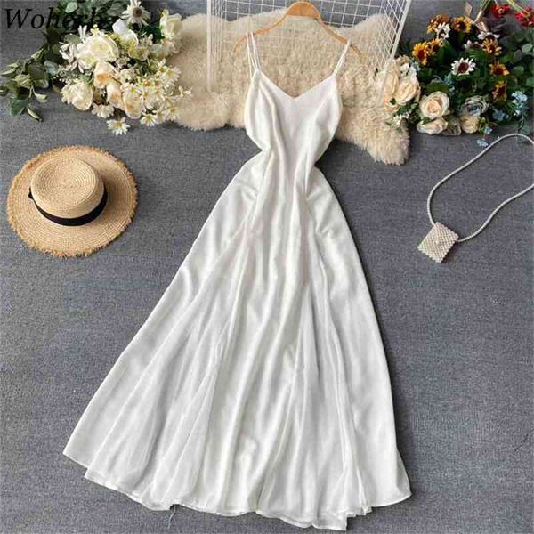 Robe d'été femmes solide plage Style élégant Spaghetti sangle blanc Vestidos dos nu Sexy longue Chic robes de soirée 210519