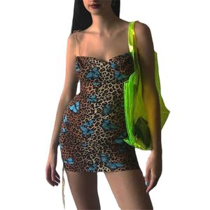 Robe d'été femmes Spaghetti sangle sans manches Sexy imprimé léopard papillon imprimé moulante robes Robe de soirée Vestidos Robe
