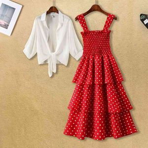 Zomerjurk vrouwen zoete polka dots sling elastische taille midi strand es chiffon kleine sjaal dames pakken plus size cake 210526