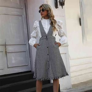 Robes d'été pour femmes décontractées pied de poule Plaid sangle dames femme vintage mi-mollet bouton High Street 210508