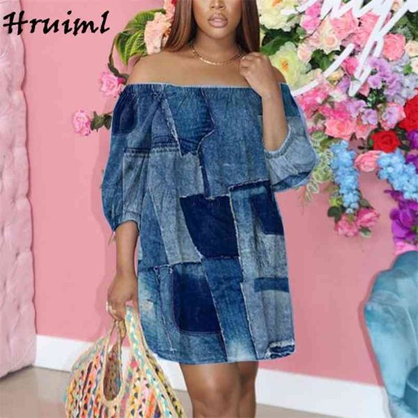 Robes d'été hors épaule Colorblock imitation denim tissu lâche mode mini robe streetwear chic décontracté élégant robe femme 210513