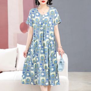 Zomerjurken Oneck print lange jurk korte mouw vrouwen Boheemse katoenen stijl losse kleding 240408