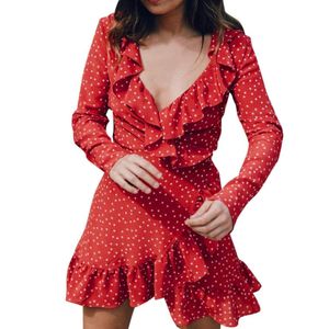 Vestidos de verano Mujer 2018 Sexy gasa cuello en V profundo manga larga lunares volantes Mini vestido vestidos de playa túnica vestido de fiesta