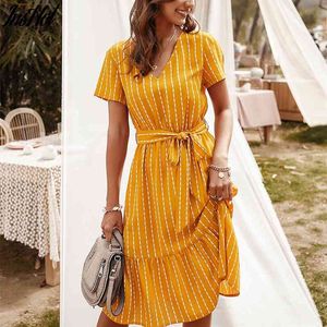 Vestidos de verano Mujeres elegante con cuello en V Casual A-Line Midi Vestido Vintage Pink Yellow Rayas Fajas con cordones Sundress Veatidos 210514