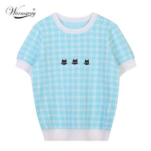 Été e-girl T-Shirt femmes Harajuku hauts Tee mignon chat broderie à manches courtes femme tricoté t-shirts B-070 210522