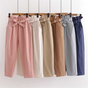 Zomer elastische taille casual broek vrouwen met riem katoen Harun broek dames katoen roze dames brede broek 211112