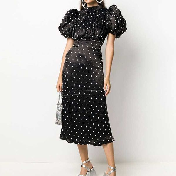 Vestido elegante de verano con pliegues para mujer, estampado de puntos, manga de soplo, diseño, temperamento femenino, 210525
