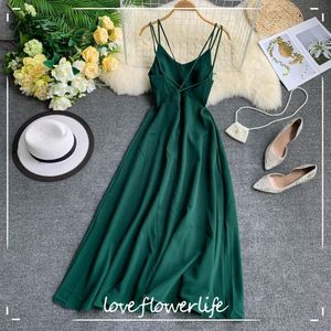 Été Élégant Dos Nu Robes Spaghetti Strap Robe Longue Femmes Vintage Beach Party Maxi Robe Vert Blanc Rouge Robe Vestidos 210521