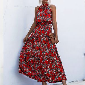 Zomer elegante strand vrouwen jurk lange print bloemen polka-dot band dames halter boho jurken vintage party dame jurken