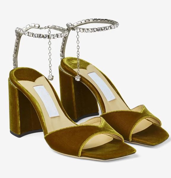 Verano Elegante Boda Nupcial Mujer Saeda Sandalias Zapatos Tacón de bloque con tobillera adornada con cristales Tacones altos Señora Punta cuadrada Gladiador Sandalias EU35-43