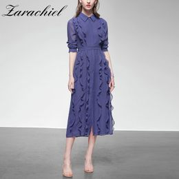 Zomer elegante chiffon vrouwen half mouw single-breasted lagen ruches lange shirt vrouwelijke feestjurk met riem 210416