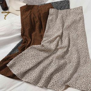 Été élégant imprimé léopard jupe femmes lâches vêtements coréens taille haute sur le genou longue femme 210514
