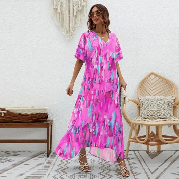 Summer elegante vestido largo V cuello impreso Campo suelto de cintura suelta manga corta para boho women's beach cape trajes de baño